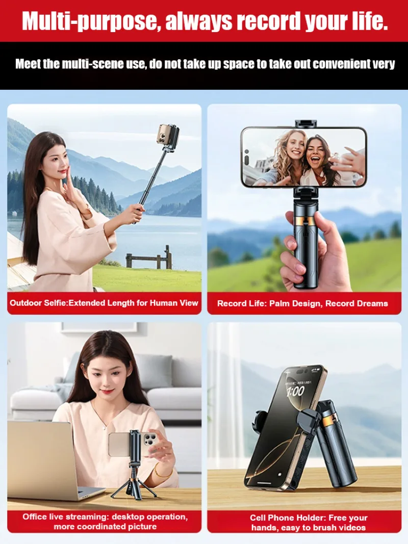 Selfie Stick Quadruped 360 Degree Rotating Mini Selfie Stick Travel Portable Bluetooth Selfie Stick Tripod Anti-Shake Bracket Foldable Vlog