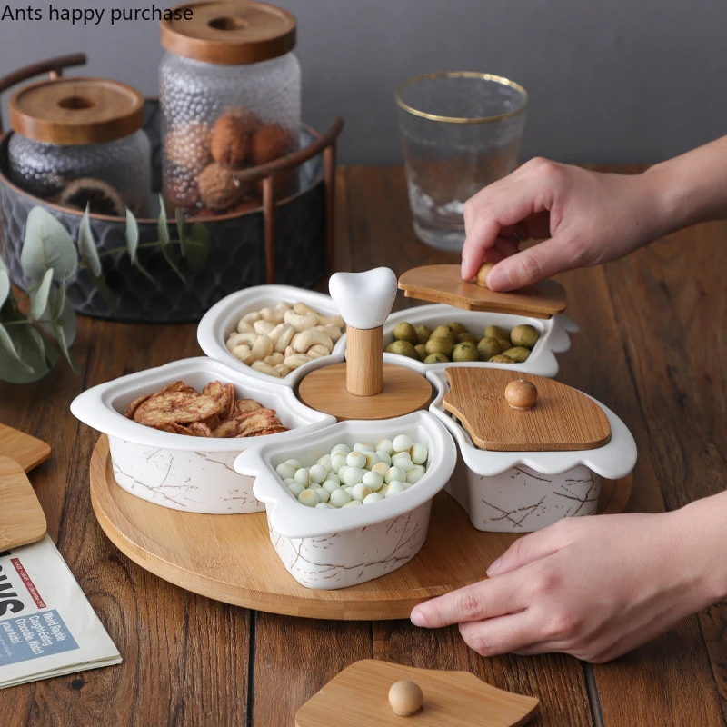 Plateau à Snack en Céramique avec Couvercle en Bois, Filles à Snack Rotatif  à 5 Grilles, Palettes en Bois, Assiette à Dessert et à Fruits, Assiette