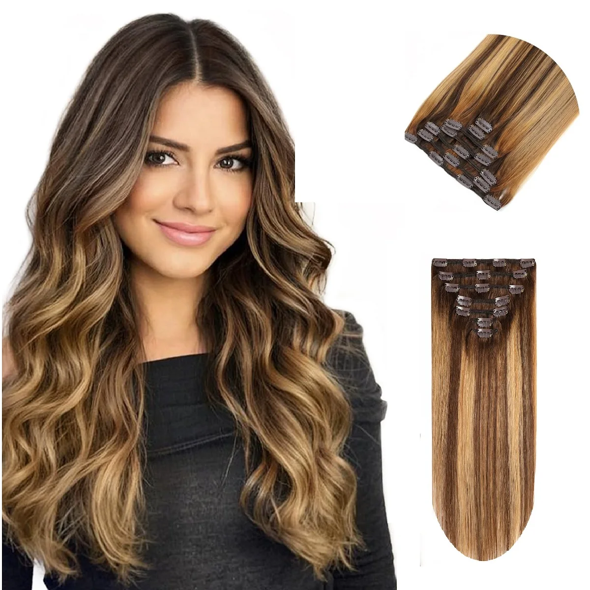 Clip in Hair Extensions Balayage Clip ins Real Human Hair Extensions 7Pcs 16Clips in Ombre Brown to Brown Mix Honey Blonde 120g