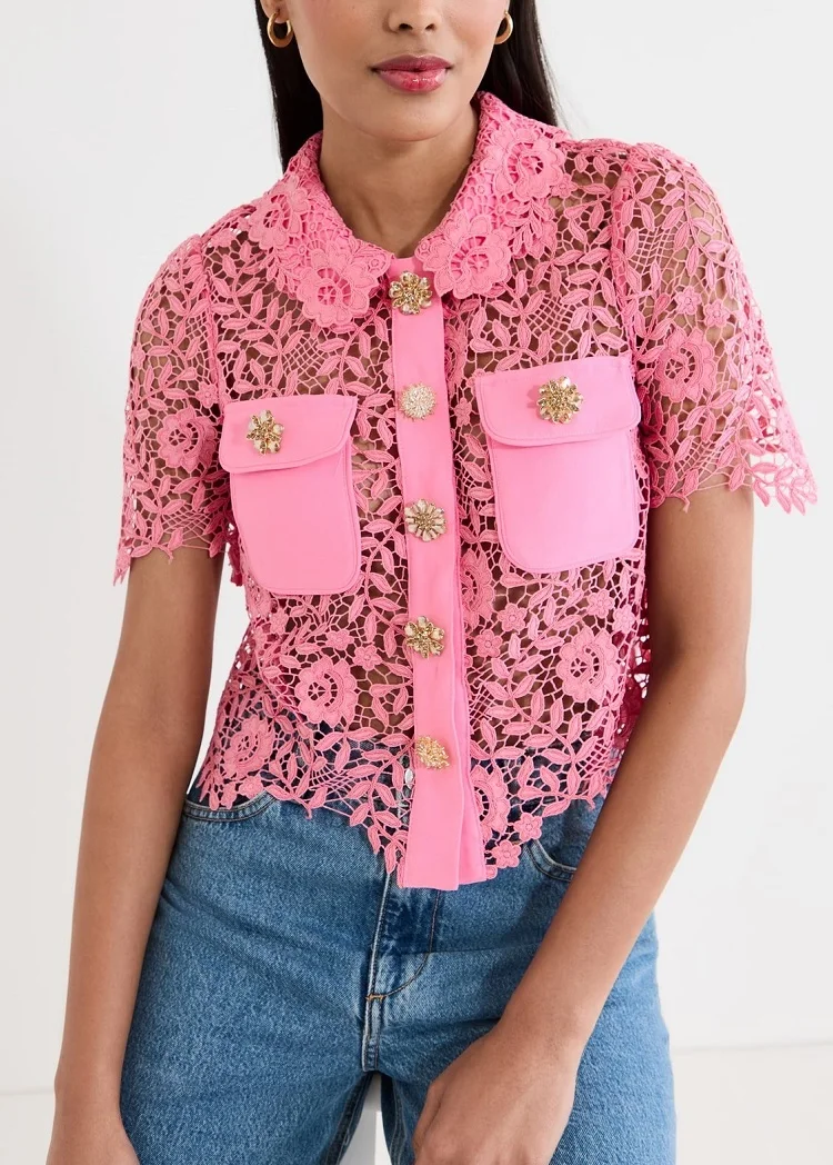 

Pink Hollow Out Lace Two Piece Sets for Women 2023 Runway Designer Summer Clothes Korean Fashion Outfits