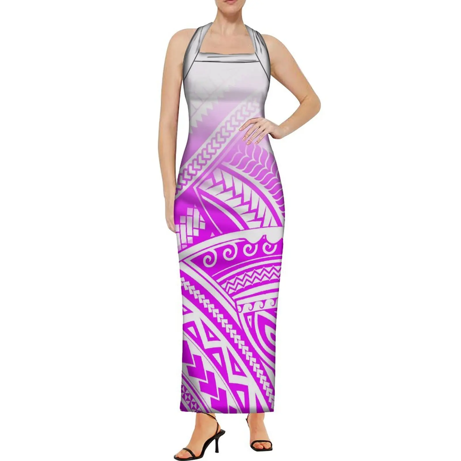 

2024 New Design Polynesian Casual Dress Custom Hawaiian Pacific Island Tribal Peoples Tattoo Print Maxi Dress