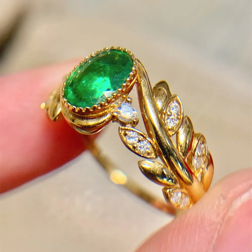 UBESTNICE Classic Real 18K Solid Yellow Gold Jewelry Au750 Wheat Ear Natural Diamonds Vivid Green Emerald Rings for Women Gift 4