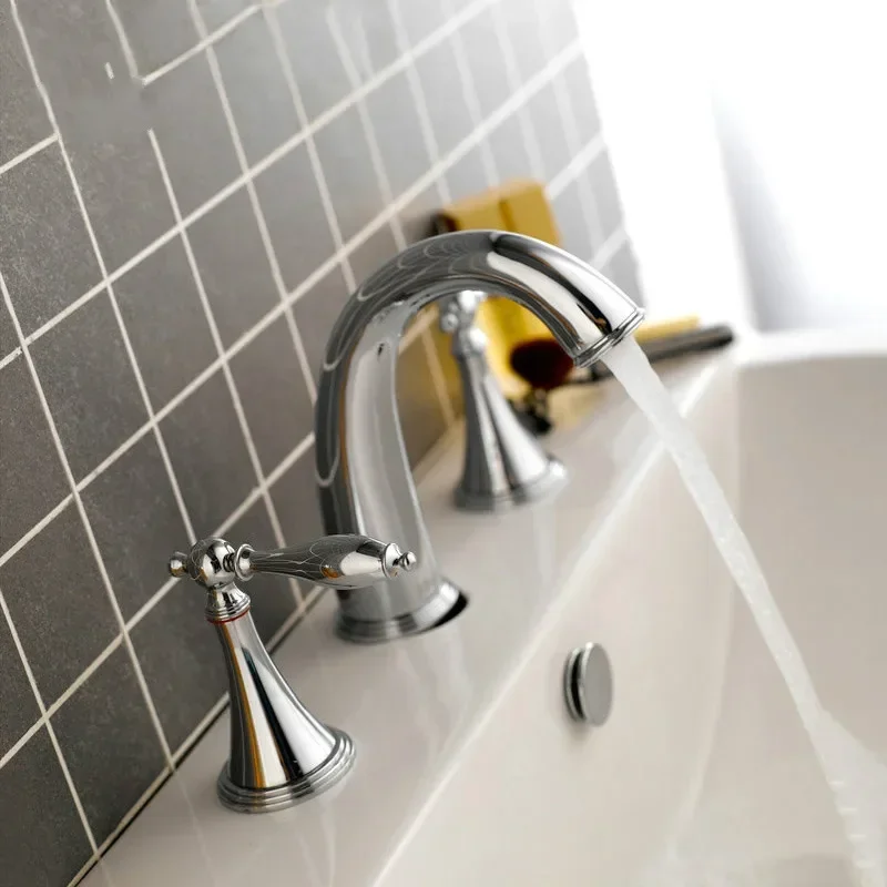 3 Hole Bathroom Sink Faucet Deck Mounted Widespread Basin Faucet Dual Handles 3 pcs Mixer Tap Hot Cold Water Tap 3