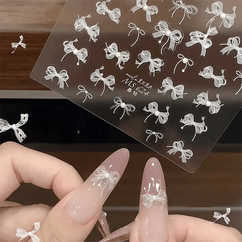 White 5D Pearl Lace Bowknot Wave Lines Nail Stickers Elegant Exquisite Nail Decoration Decals DIY Self Adhesive Transfer Slider 3