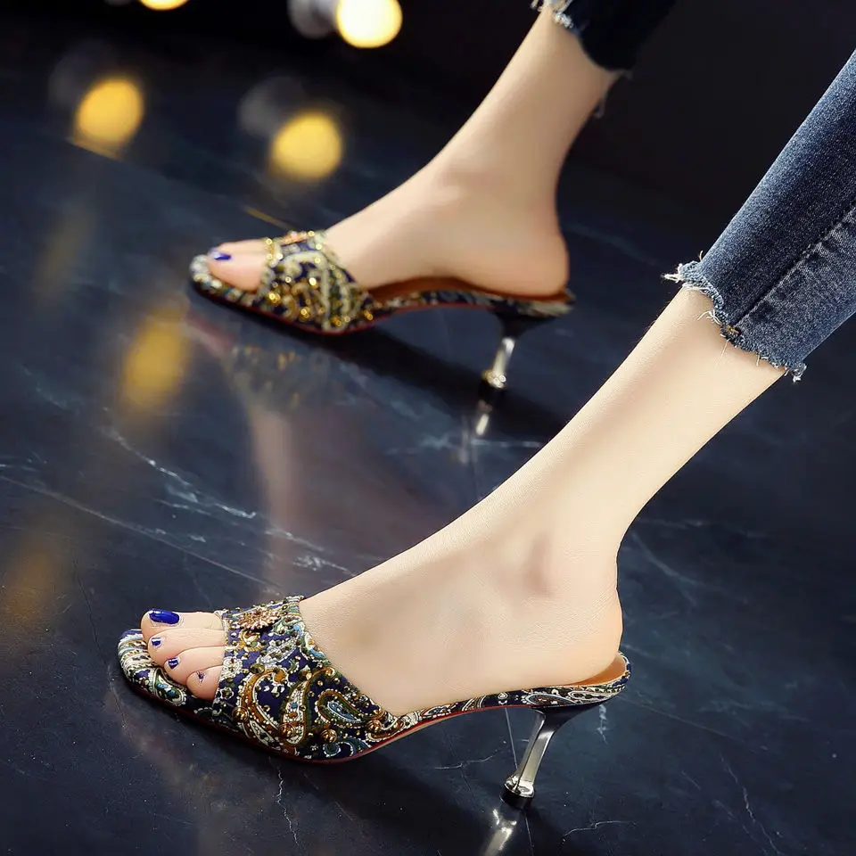 Women Sandals Embroidery Summer Women High Heels Sandals Open-toepeep High Heels Ladies Sandals Personalized Rhinestone Stiletto