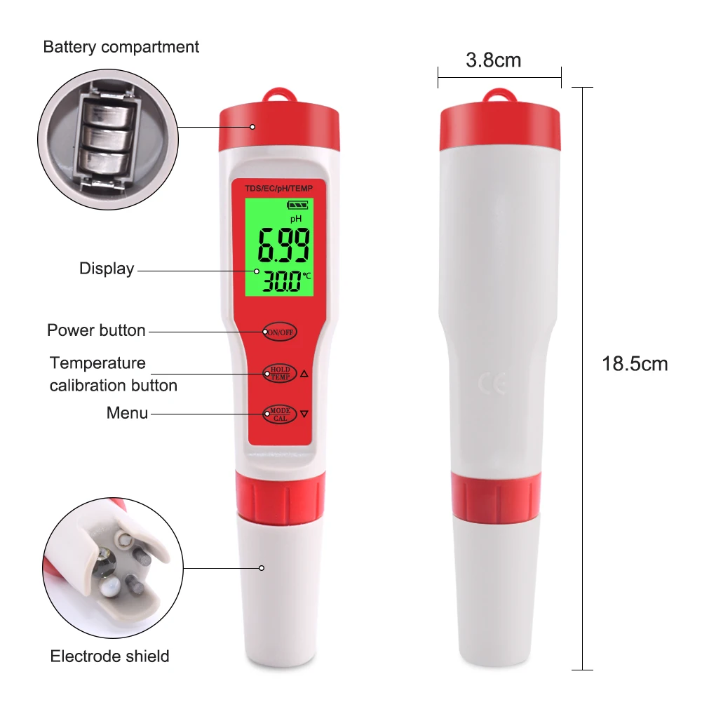 4 IN 1 PH TDS EC Temp Meter Digital Water Quality Tester 0.01 High Precision Aqu