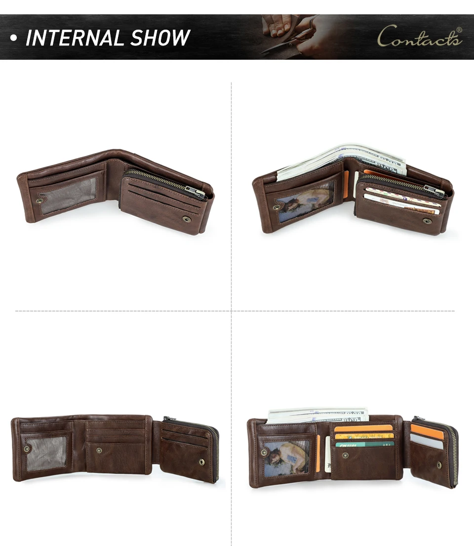 CONTACT'S Genuine Leather Men Wallet Small RFID Casual Trifold Short Wallets Zipper Coin Pocket Male Card Holder Purse