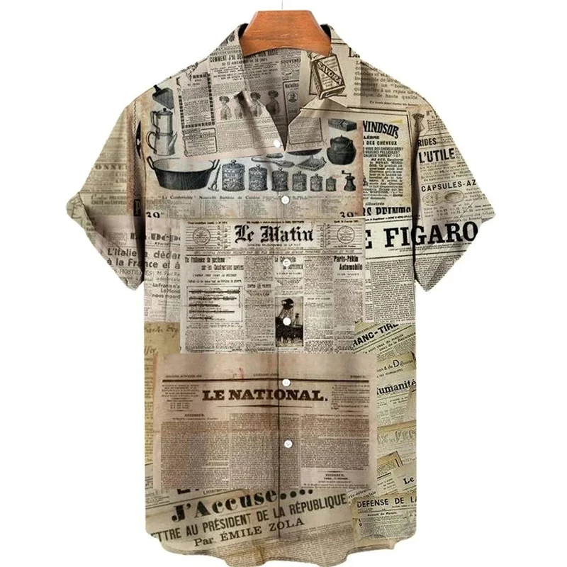 Camisa hawaiana con estampado 3D de periódico para hombre, camisas casuales de moda de uso diario, camisas de manga corta, blusas con botones, ropa unisex de gran tamaño con solapa 2024