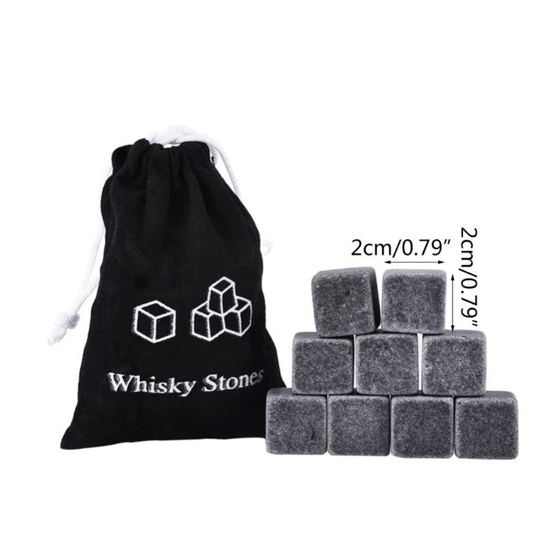 Whiskey Chilling Stones Set of 9 Granite Sipping Rocks Reusable Ice Cubes Bar