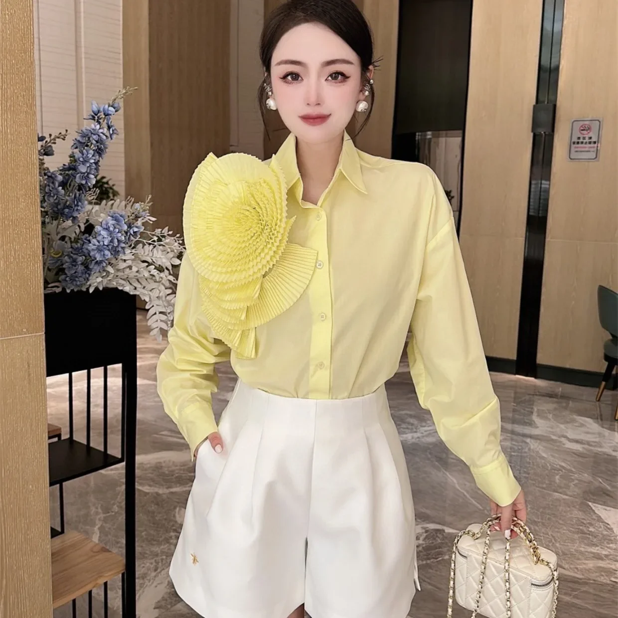Women 3D Ruched Large Flowers Shirts Long Sleeved Luxury