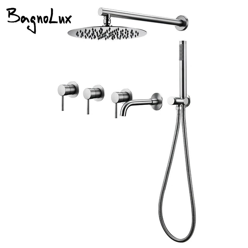 Wall Mount Shower Faucet Bathroom Set Black Bathtub Mixer Tap Brass 8/10/12 Inch Rainfall Headshower Handshower shower head shower set