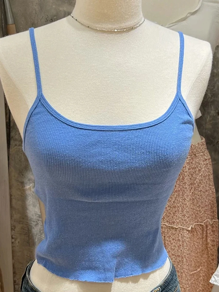 

Майка женская хлопковая в рубчик, простой базовый Повседневный пикантный уличный топ с U-образным вырезом и необработанным подолом, Милый Винтажный шикарный топ, голубого цвета, Y2K