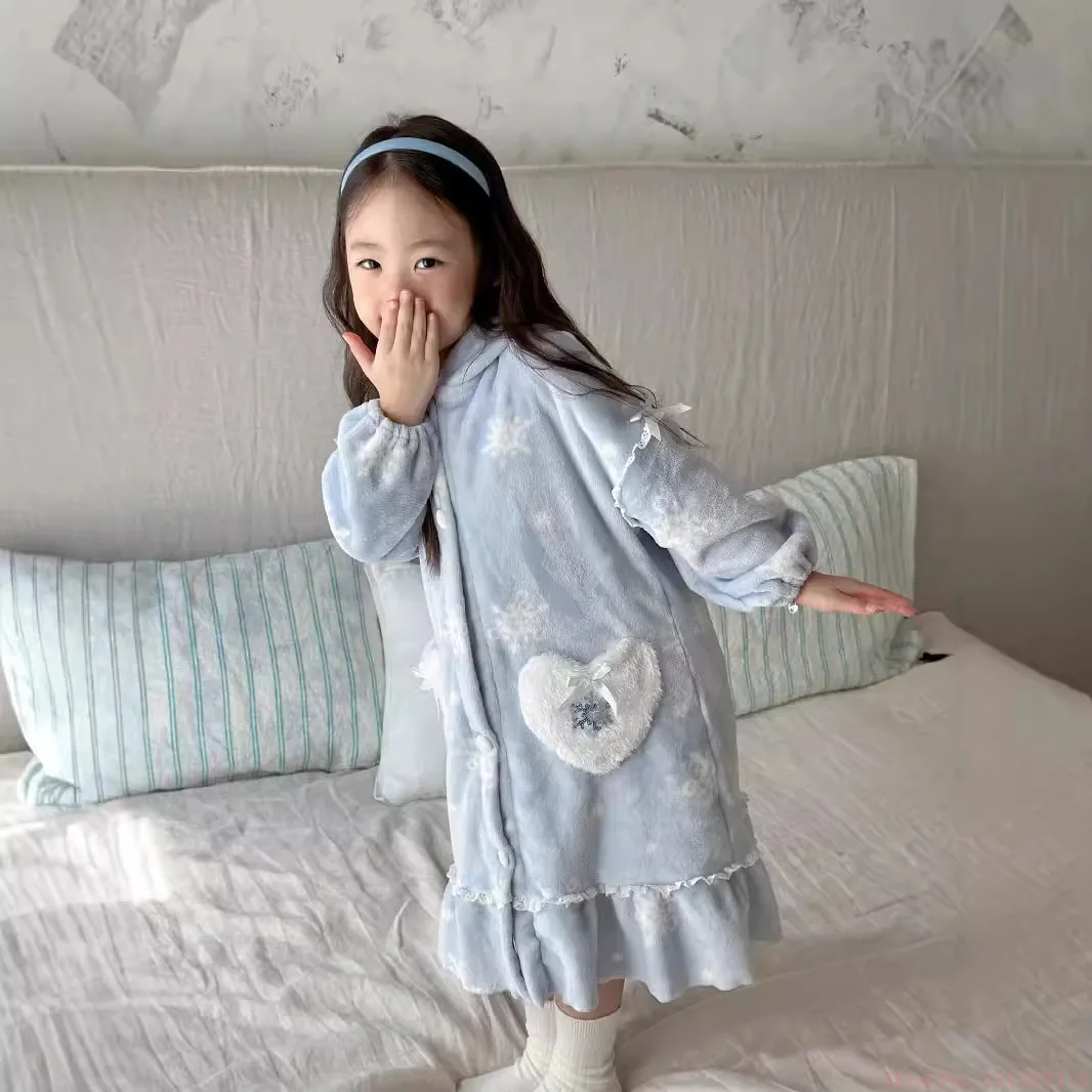 Sanrio New Girl Autumn Cartoon Kuromi Elsa Flannel Home Clothes Sleeping Skirt Warm and Cute Girl Sleeping Skirt Christmas Gift