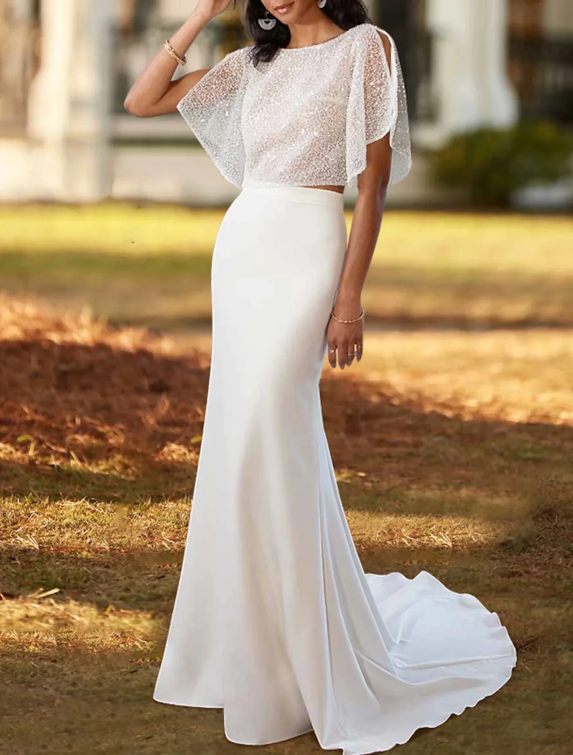 

Mermaid Two Pieces Wedding Dress 2023 Short Sleeve Jewel Top Sequined Satin Bride Formal Gowns Vestidos De Noiva Robe Mariage