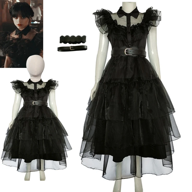 Movie Wednesday Cosplay Dress Day Addams Costumes Gothic Black Dresses For Kids Girls Adults Halloween Party Costume