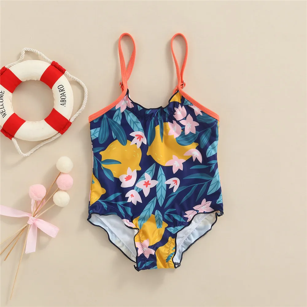 Baby Girl Lemon Floral Print Swimsuit Spaghetti Strap Swimwear Kid