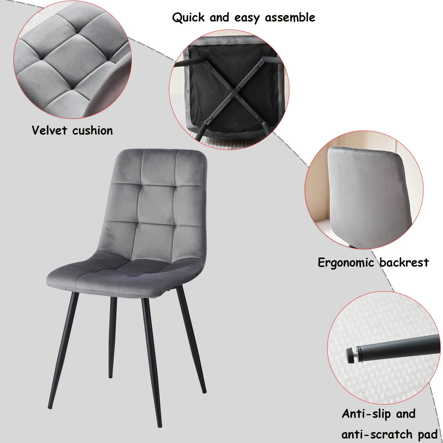 GrandCA HOME 4x Samt-Esszimmerstühle + runder Esstisch, 100 cm runder Esstisch-Set mit gepolsterten Stühlen für das Wohnzimmer – Detail 3