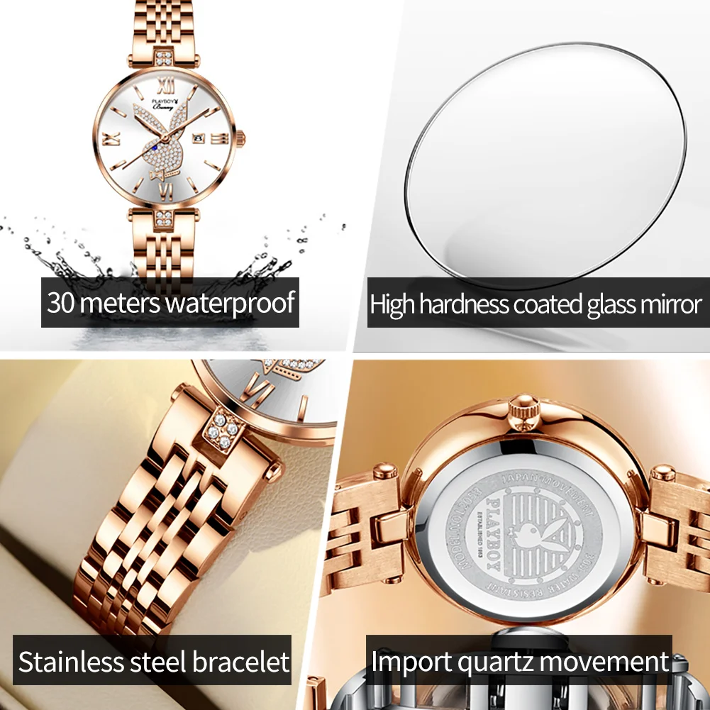 PLAYBOY Casual Fashion Quartz Watch for Women Original Luxury Trend Woman Wristwatches Waterproof Stainless Steel Ladies Watches 5