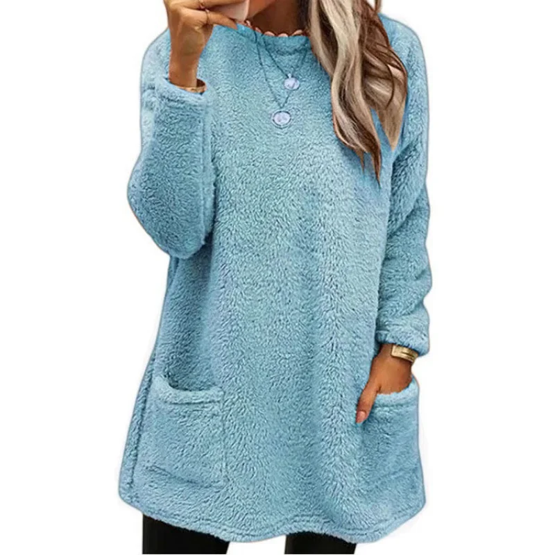 Autumn Winter O Neck Pullover Plush Hoodie Women Daily Commuter Casual Double Pockets Splice Hem Sweatshirt Female Long Warm Top 3