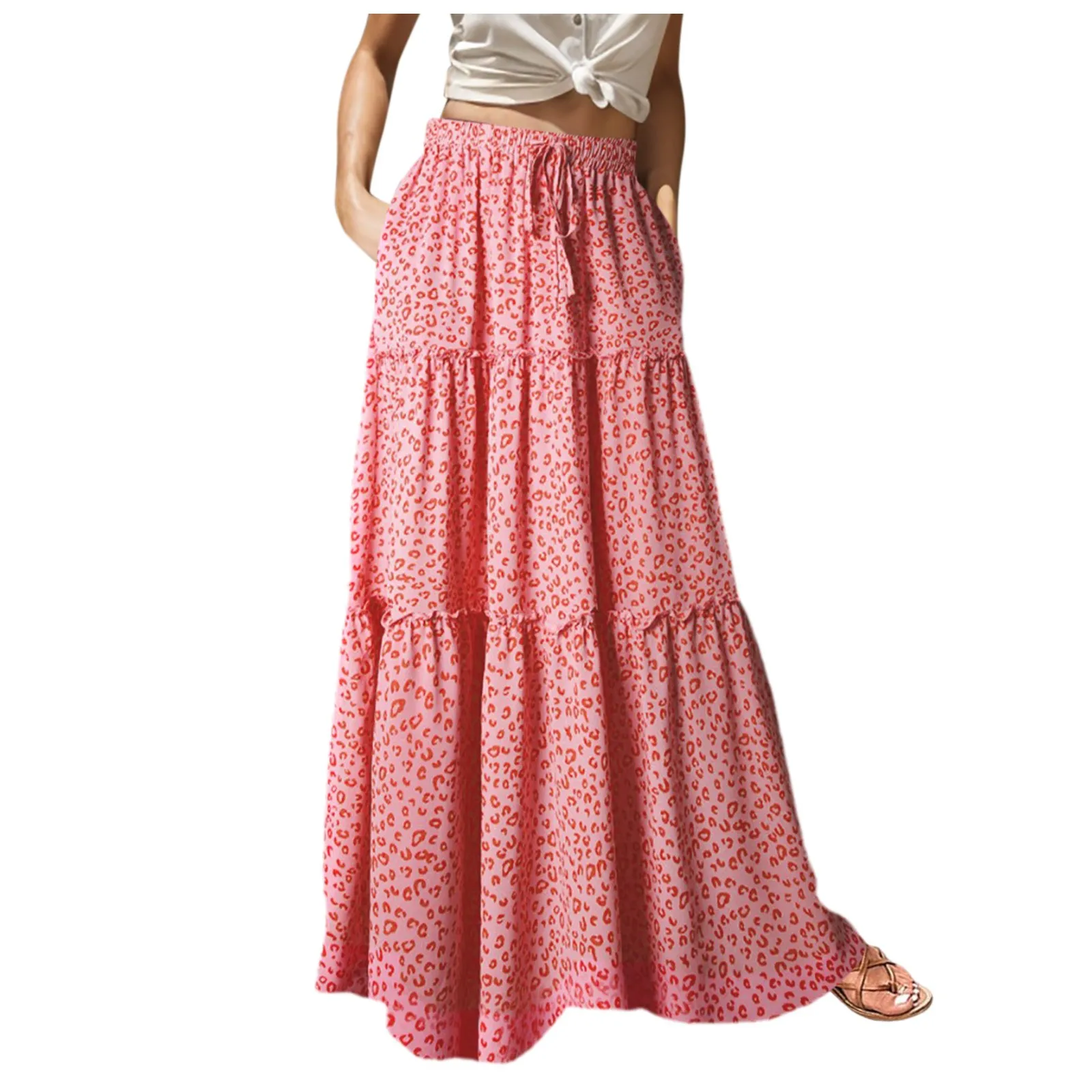 

Skirts For Women Summer Hot Selling Casual High Waist Tiered Print Pleated Long Maxi Skit With Pockets Boho Retro Ethnic Style