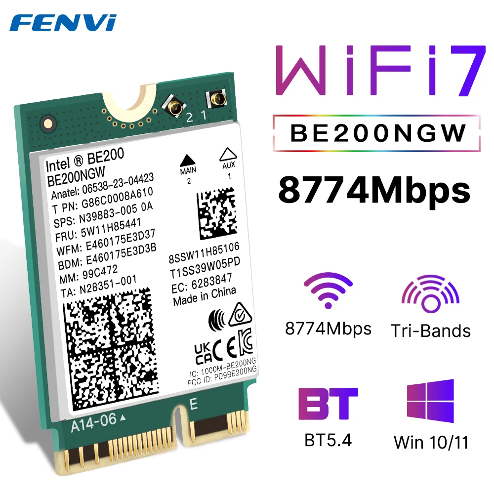FENVI BE200 WiFi 7 kart be200bluetooth için Bluetooth 5.4 Tri Band 2.4G/5G/6GHz M.2 PC Windows10 için kablosuz ağ adaptörü/11 WiFi6E