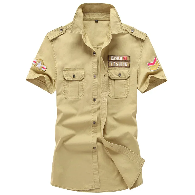 2023 New Mens Military Shirt Men Short Sleeve Cargo Shirts 100% Cotton Casual Solid Shirt Male Pocket Work Shirt 3