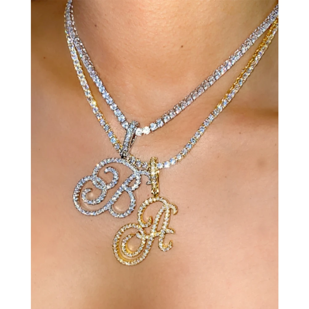 Trendy Bling Cursive Letter Zircon Tennis Necklace For Women Men 26 Initials Tennis Choker Necklace Punk Hiphop Jewelry Gifts