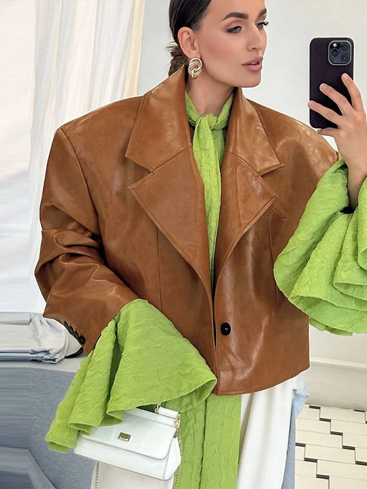 Damen-PU-Lederjacke, großer gekerbter Kragen, Bomberjacken, Herbst 2022, weiblich, langärmelig, Knopf, lose Mäntel, Damen-Oberbekleidung – Detail 26