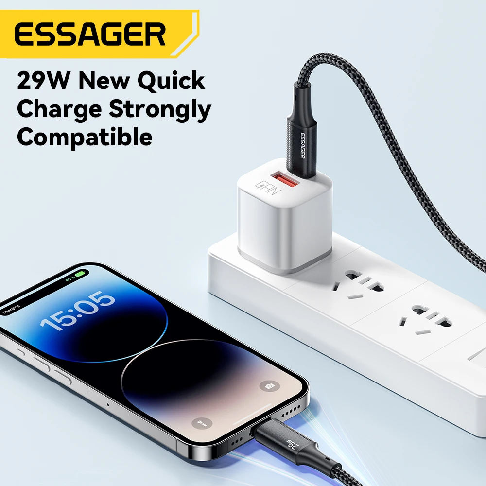 Essager-Cabo de Carregamento Rápido USB C, Tipo C para Iluminação, Fio Data, iPhone 14, 13, 12, 11 Pro Max, Xs Plus, 29W, iPad, Macbook