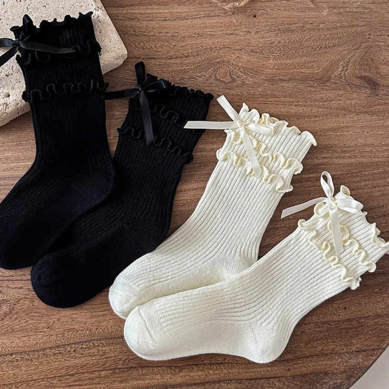 Girls Sweet Cute Ruffle Lace Bows Socks Korean Princess Socks for Children White Black Bow Toddler Cotton Lolita Ankle Socks
