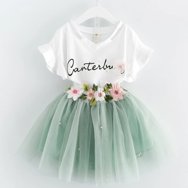 2022 Casual Girls Dresses Kids Clothes Butterfly Sleeve Letter T-shirt Floral Voile Dress 2Pcs for Clothing Sets Children Dress cute baby dresses