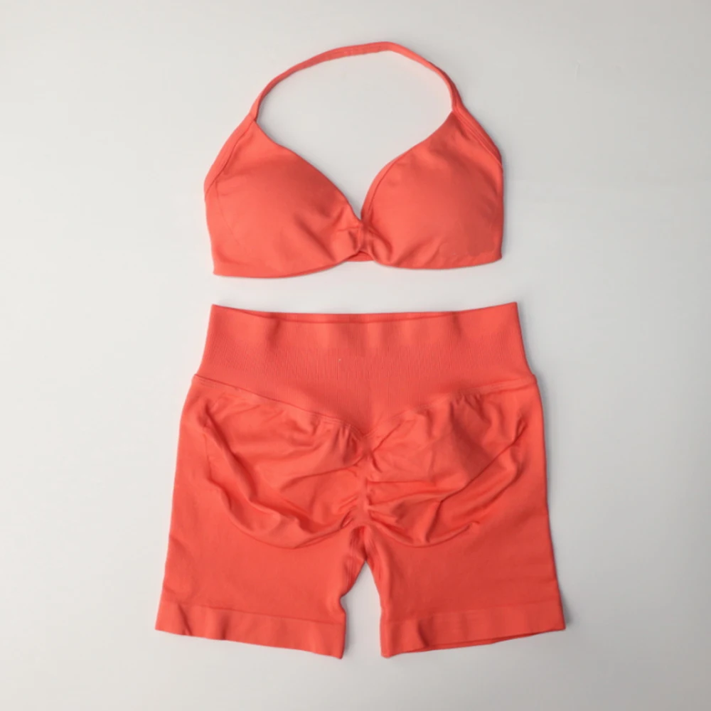 Yoga set impact gym 2 piece women strappy bra top workout scrunch shorts sports suit fitness clothes seamless