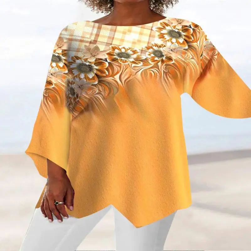 

Plus Size Women Asymmetrical 3/4 Sleeve Scoop Neck Printed Stitching Tops