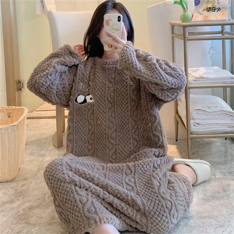 Autumn and Winter Cartoon Panda One-piece Pajamas Coral Fleece Thickened Warm Loungewear Mid-length Nightdress Sweet Nightwear