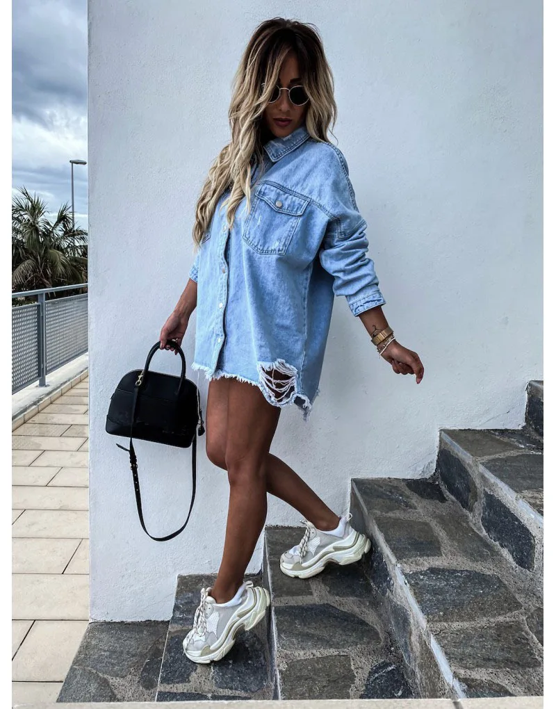 Retro Tassel Ripped Denim Jackets Women Fashion Lapel Mid-Length Jean Tops Spring Autumn Loose Casual Thin Single Breasted Coats women s blouse striped office tops 2022 spring long sleeve pocket loose casual shirts fashion lapel single breasted blouses