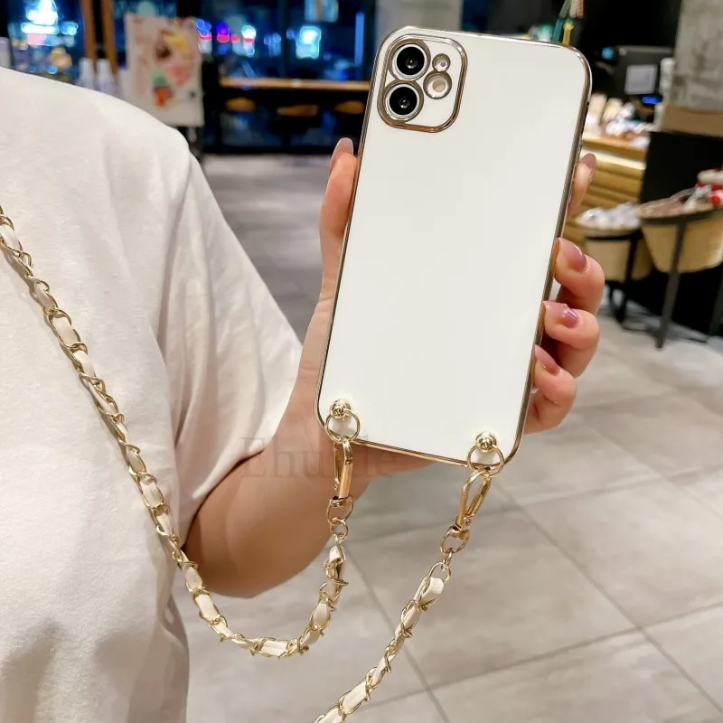 Crossbody Lanyard PU Leather Metal Chain Cover with Strap Plating Case