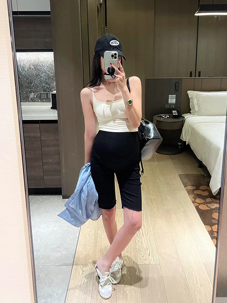 골드 코쿤 출산용 청바지 얇은 스트레이트 레그 코튼 반바지 여름 착용 겉옷 임산부용 캐주얼 바지 5인치 길이