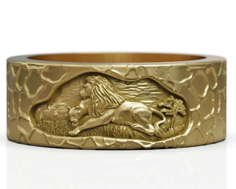 

9g Wedding Band Promise Pair Rings Lion Family Art Relief Gold Ring 925 Solid Sterling Silver Rings
