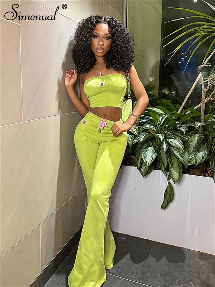 Simenual Y2K Aesthetics Green Co Ord Suits E-Girl Cute Flower Strapless Tupe Tops Casual Flare Pants Two Piece Sets for Women