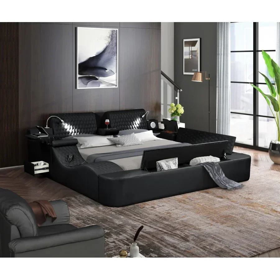 

Multifunctional King Size Wood Black bed ultra-urban design Smart bed with storage box