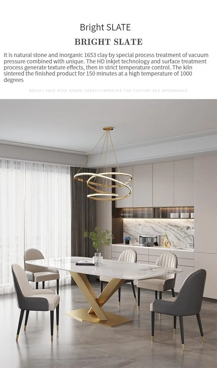 Description Picture 3 of itemCenter Kitchen Table In Rectangle Marble Desk Top Floor Console Golden Finish 6 People Luxury Dining Table Mesa Home Furniture