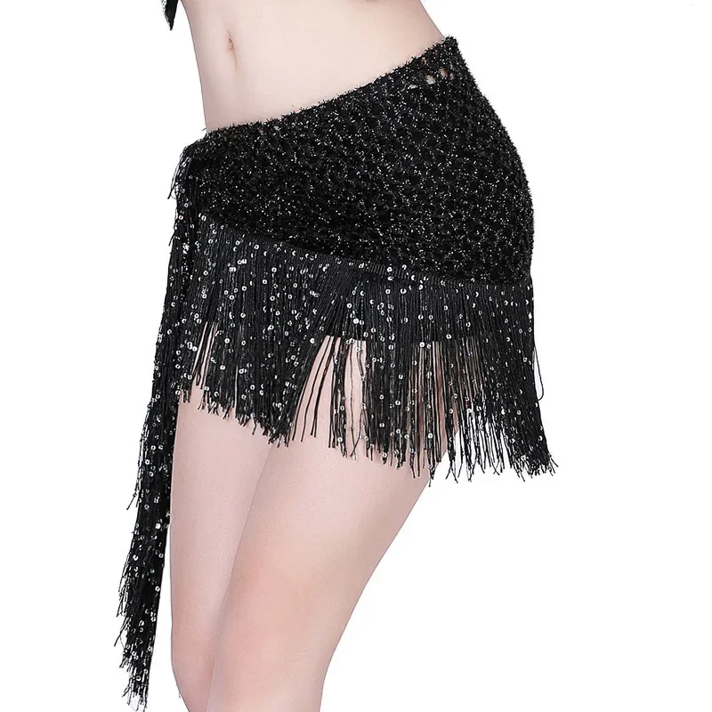 

Women Adjustable Sequins Glittery Belly Dance Hip Scarf Tassel Fringe Dancewear Tribal Indian Practice Dancing Skirt Wrap Belt C