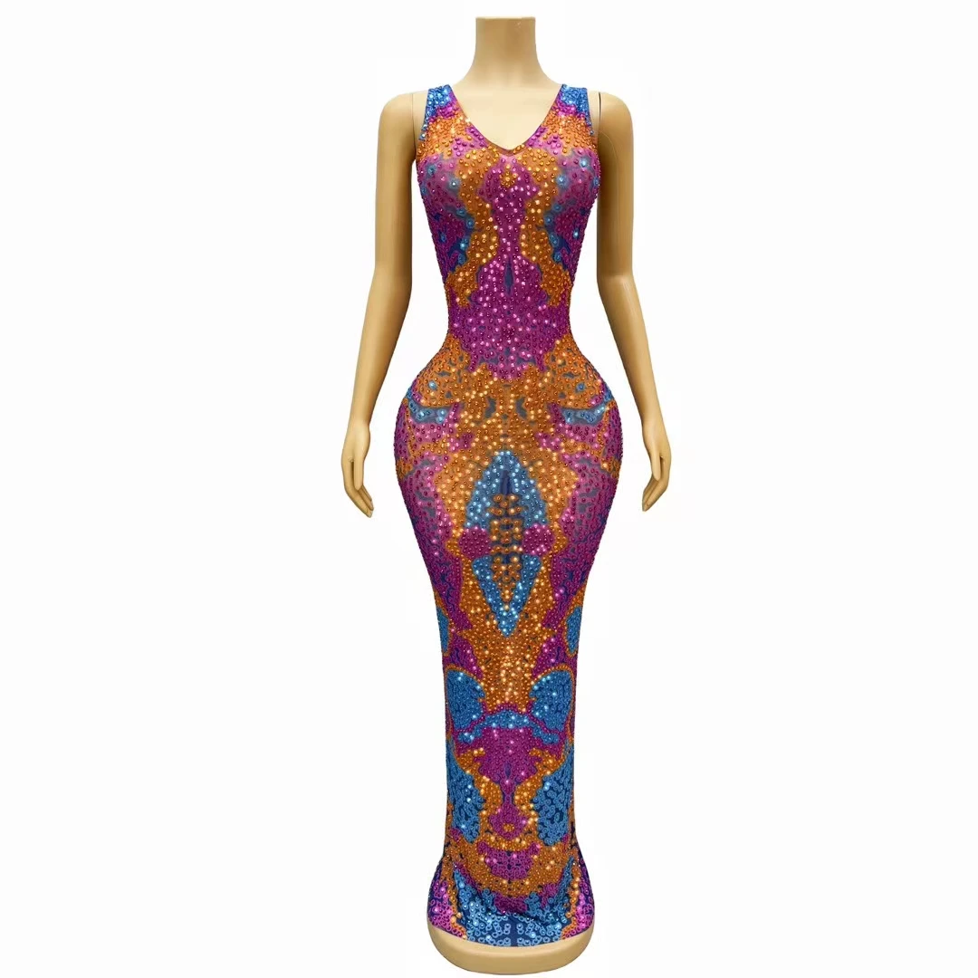 

Sparkly Rhinestones Multi-color Long Dress Women Birthday Party Celebrate Outfit Women Sexy Curve Shining Performance Costume