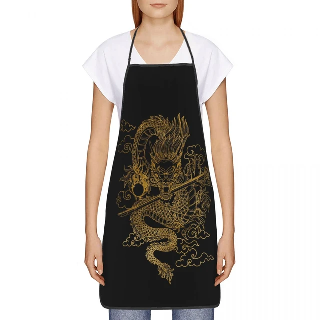 Gold Chinese Dragon Totem Kitchen Chef Cooking Baking Apron Women Men  Tradition Asian Mythology Tablier Cuisine