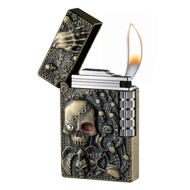 Embossed Skull Cigarette Lighter Bright Sound Torch Lighter Flint Grinding Wheel Inflatable Butane Lighters Smoking Accessories butane gas lighter cigarette lighter