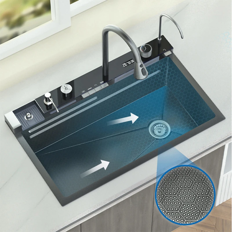 Nano Multifunctional Kitchen Sink Large Single Slot Integrated Digital Display Waterfall Faucet Soap Dispenser Cup Washer Pure 5