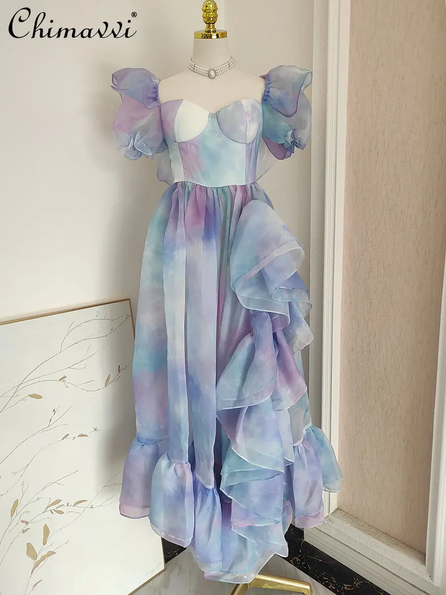 

French Royal Style Organza Blooming Wooden Ear Puff Sleeve Slit Slim-Fitting Dress 2023 Spring and Summer New Dress for Women
