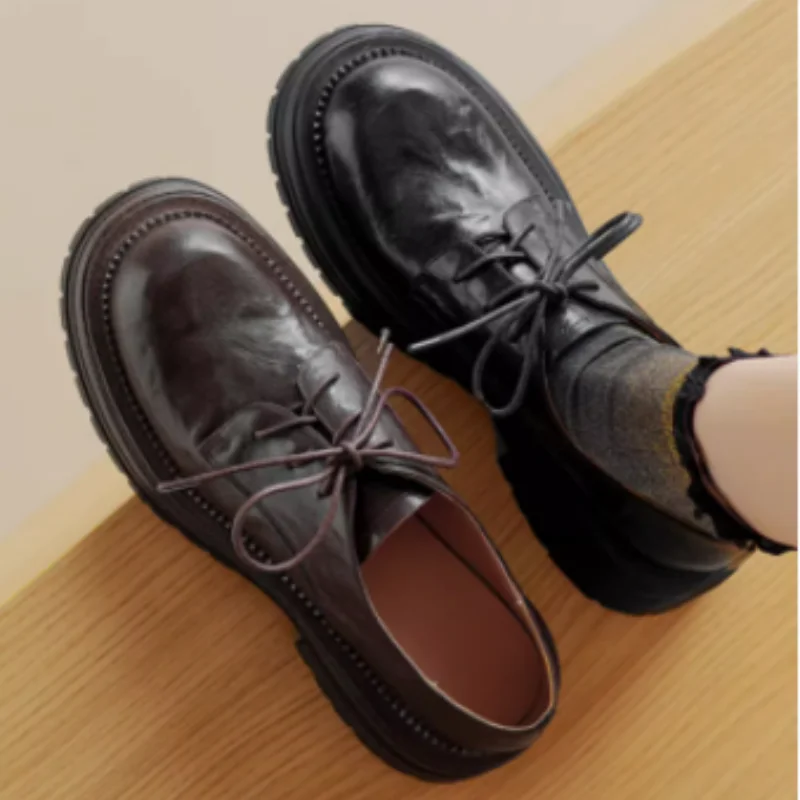 Top layer sheepskin single shoes for women's versatile spring and autumn with lace up small leather shoes and thick soled shoes