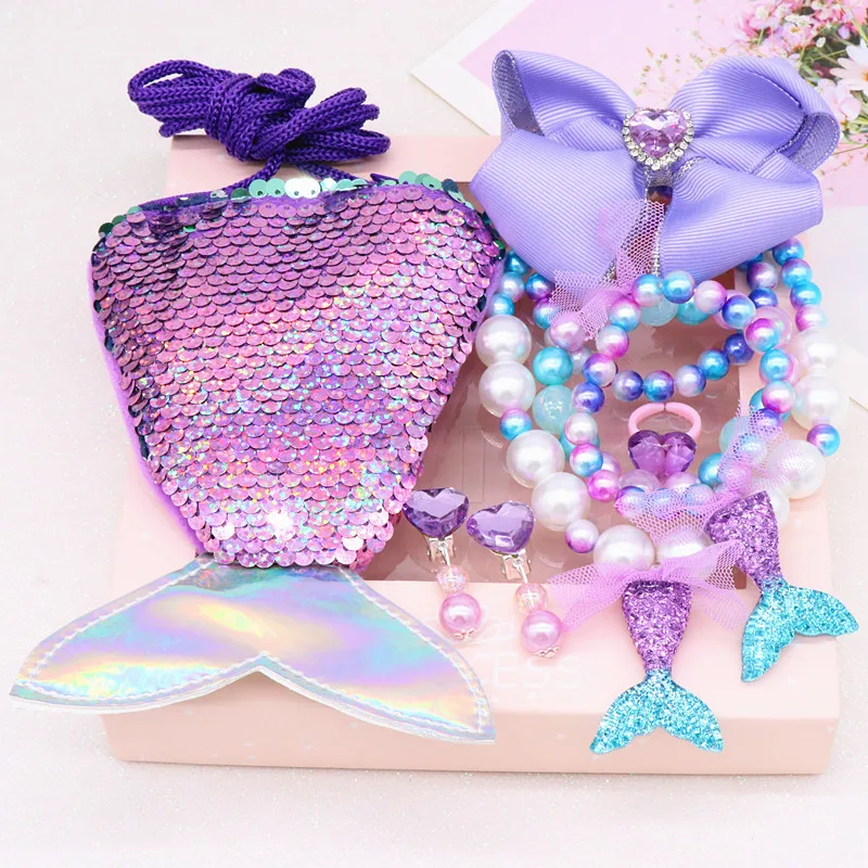 

Girls Play House Toys Fashion Beautiful Mermaid Tail Sequin Bag Necklace Bracelet Earrings Set Girl Princess Dress Up Set