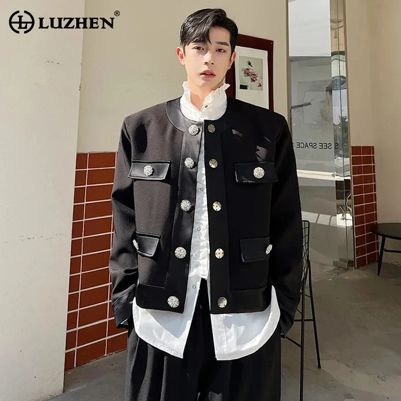 

LUZHEN Elegant Men Blazers Fashion Round Neck Jacket Niche Short Coat Solid Color Outwear New Korean Reviews Many Clothes LZ3389